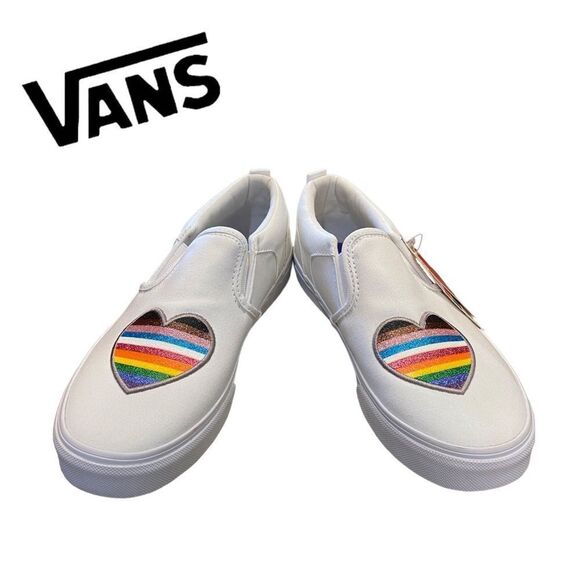 NEW Vans Women's Asher Pride Glitter White Heart Slip-on Sneakers 5 5.5 6 11 - Picture 3 of 6